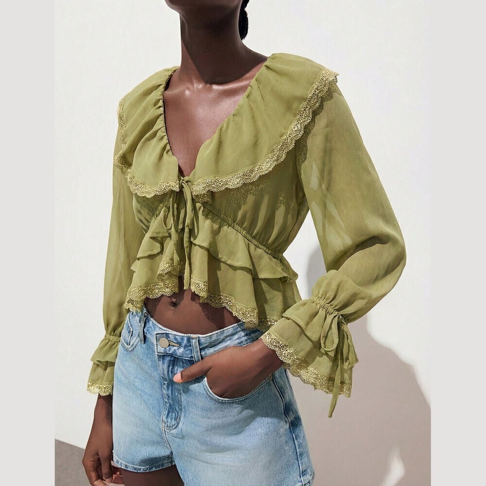 Sage Green Lace Trim Ruffle Collar Tie Front Crop Blouse